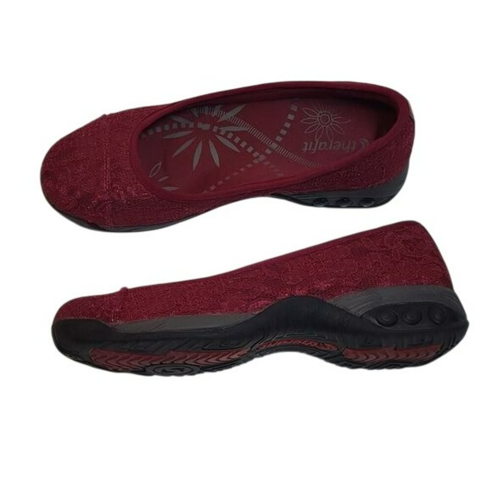 Therafit Lace Riley Ballet Flats Slides Grippy Sole Walking Maroon Red Women's 7
